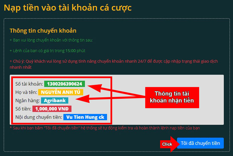 Chuyển tiền vào tài khoản Bong88